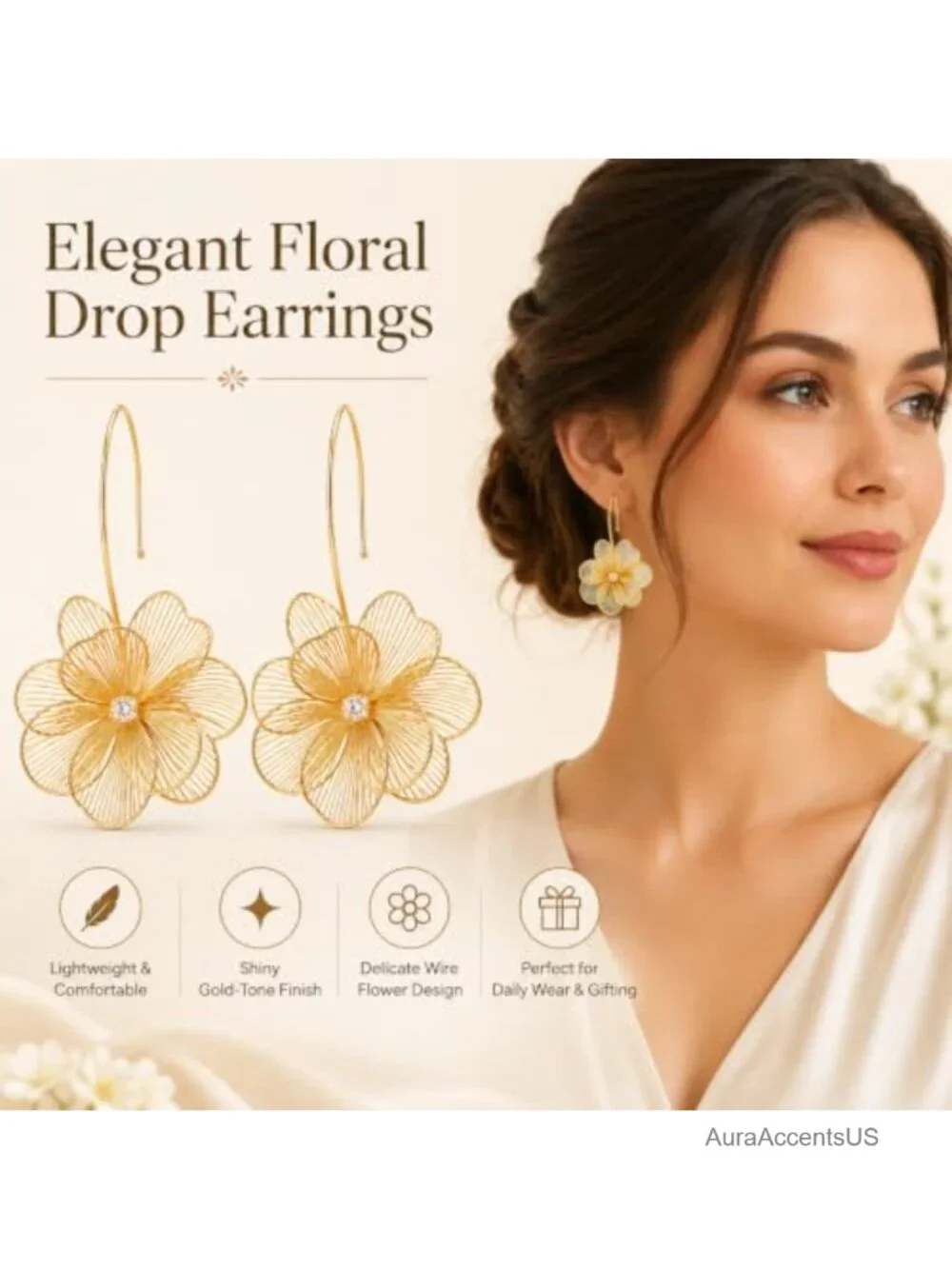 Chunky Flower Dangle Earrings Gold Wire Openwork Statement Jewelry for Women